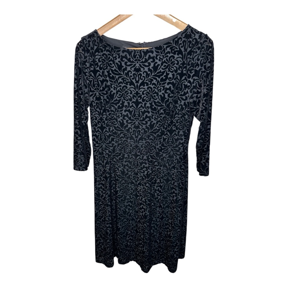 Talbots Black Velvet Burnout Midi Dress Size Large Baroque Damask Pattern